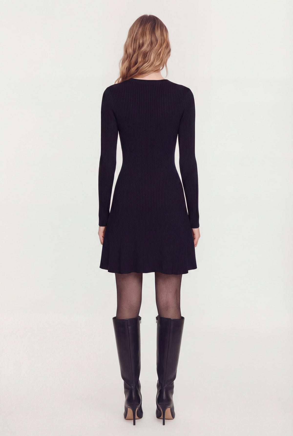 Rib Knit Long Sleeve Crew Neck Mini Sweater Dress