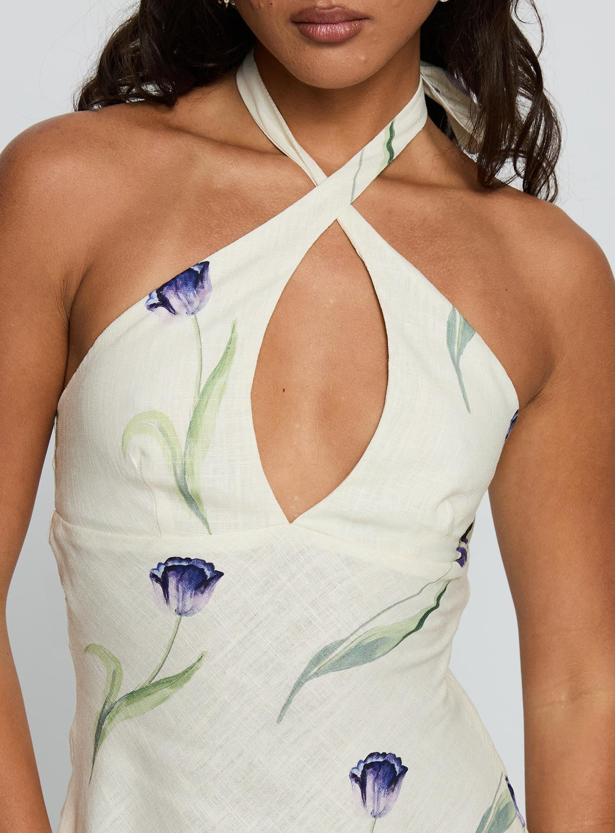 Havenna Halter Linen Blend Mini Dress Cream Floral