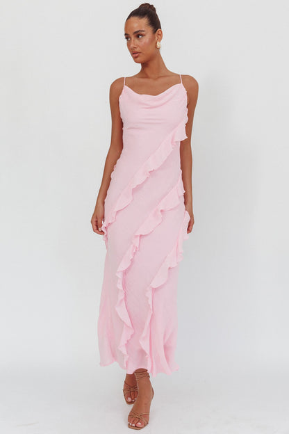 Panama Bay Ruffle Trim Cowl Neck Maxi Dress Pink