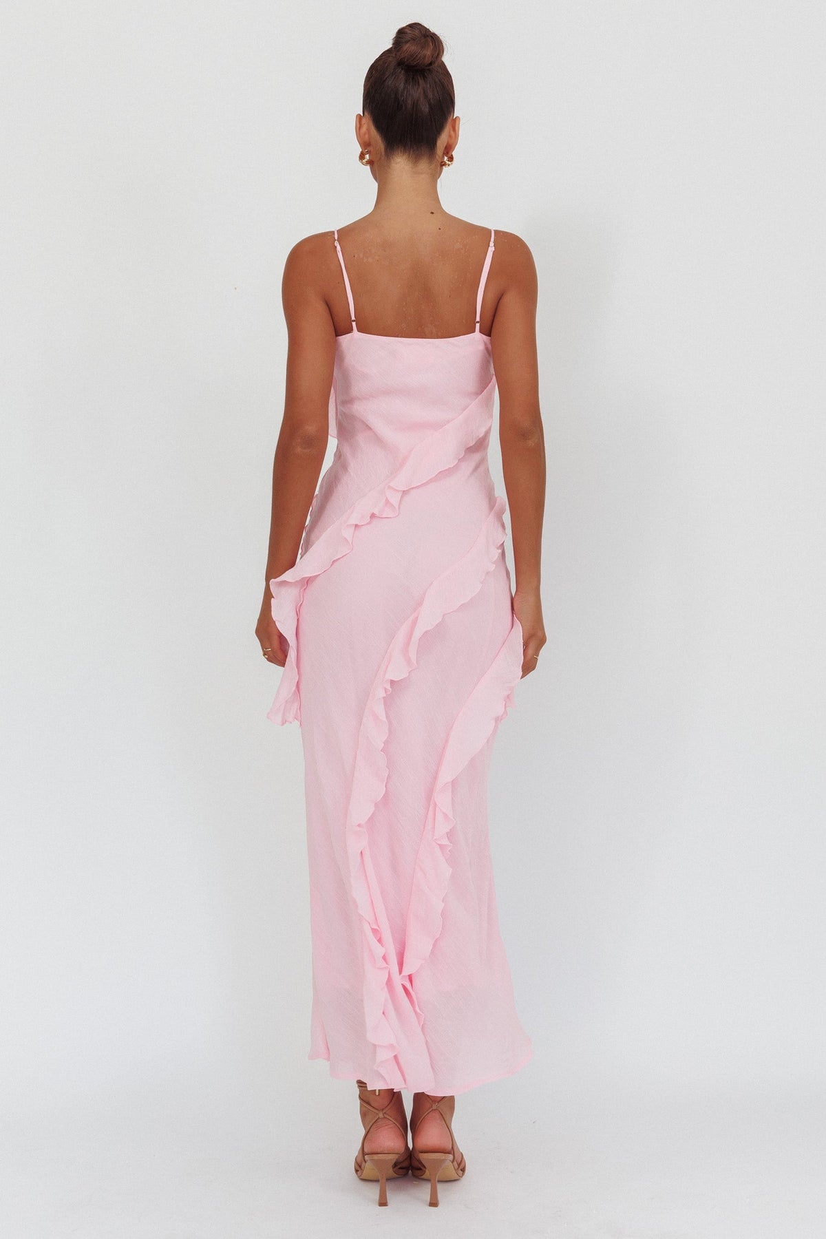 Panama Bay Ruffle Trim Cowl Neck Maxi Dress Pink