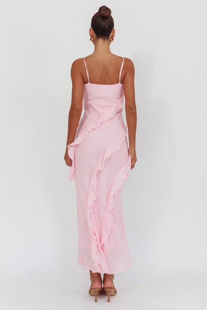 Panama Bay Ruffle Trim Cowl Neck Maxi Dress Pink