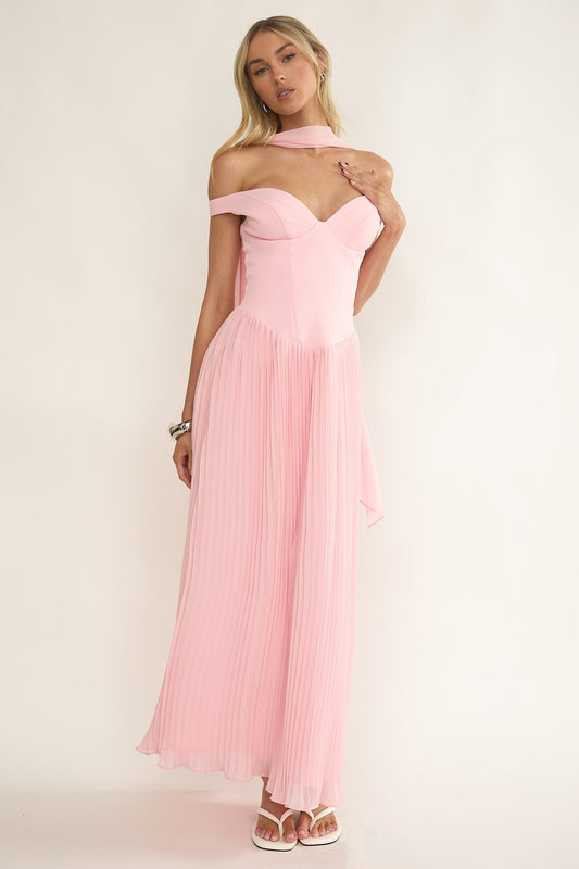 Quinnae Off-Shoulder Accordion Pleat Maxi Dress Pink