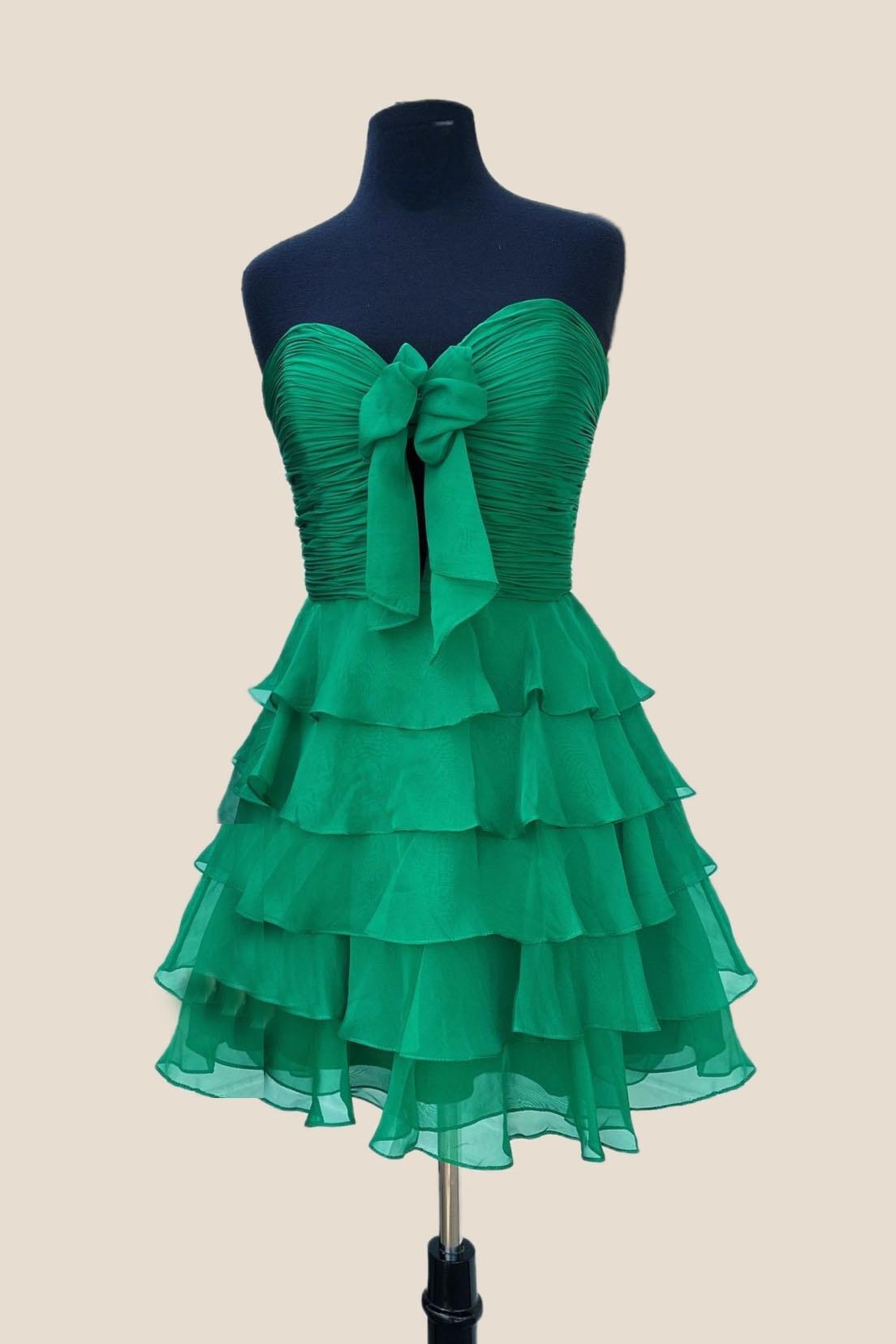 Strapless Hot Pink Chiffon Bow Ruffle Short Dress