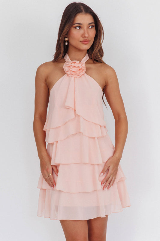 Southern Belles Halterneck Ruffle Mini Dress Pink
