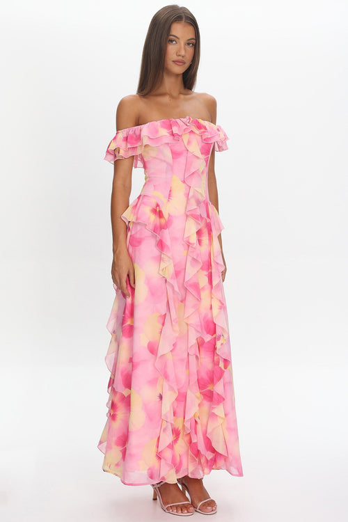 Scarlet Off-Shoulder Ruffle Trim Maxi Dress Print Pink