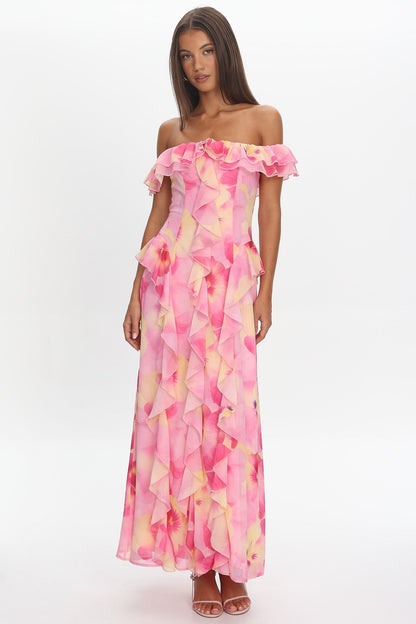 Scarlet Off-Shoulder Ruffle Trim Maxi Dress Print Pink