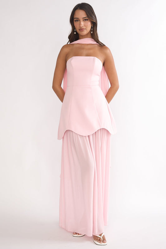 Poema Scalloped Sheer Hem Maxi Dress Pink