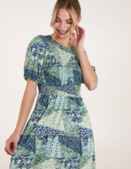Shirred Bust Puff Sleeve Patchwork Mini Dress