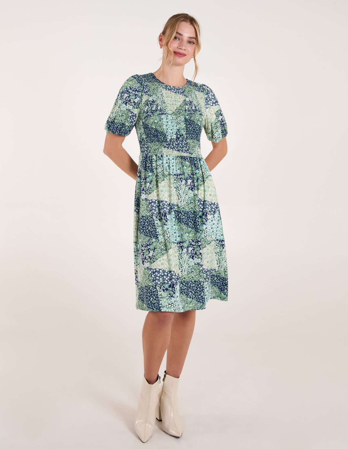 Shirred Bust Puff Sleeve Patchwork Mini Dress