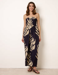 Printed Bandeau Tie Neck Shirred Jumpsuit
