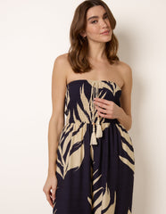 Printed Bandeau Tie Neck Shirred Jumpsuit