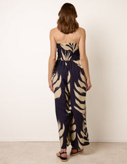 Printed Bandeau Tie Neck Shirred Jumpsuit