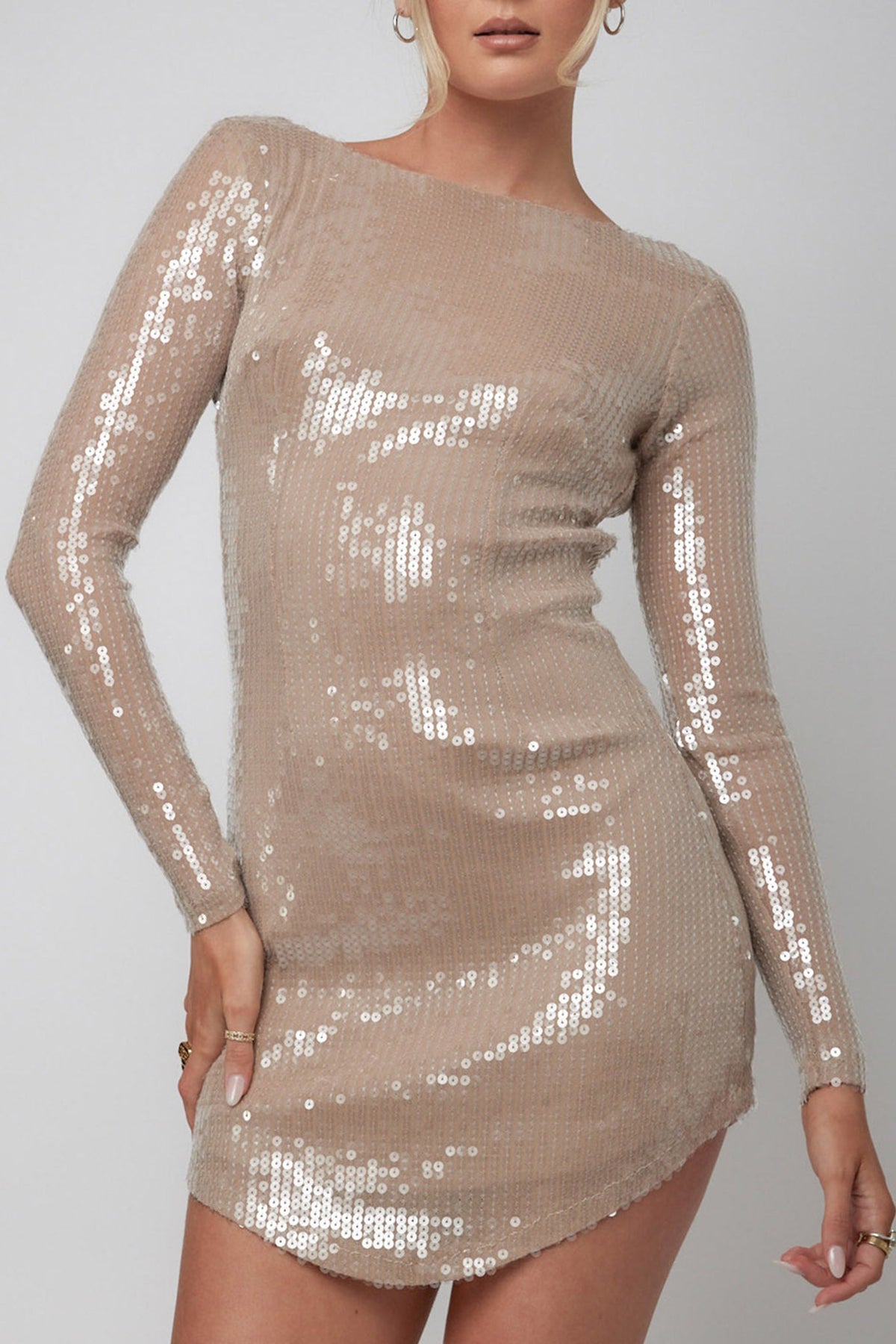 Karma Long Sleeve Keyhole Back Sequin Dress Nude