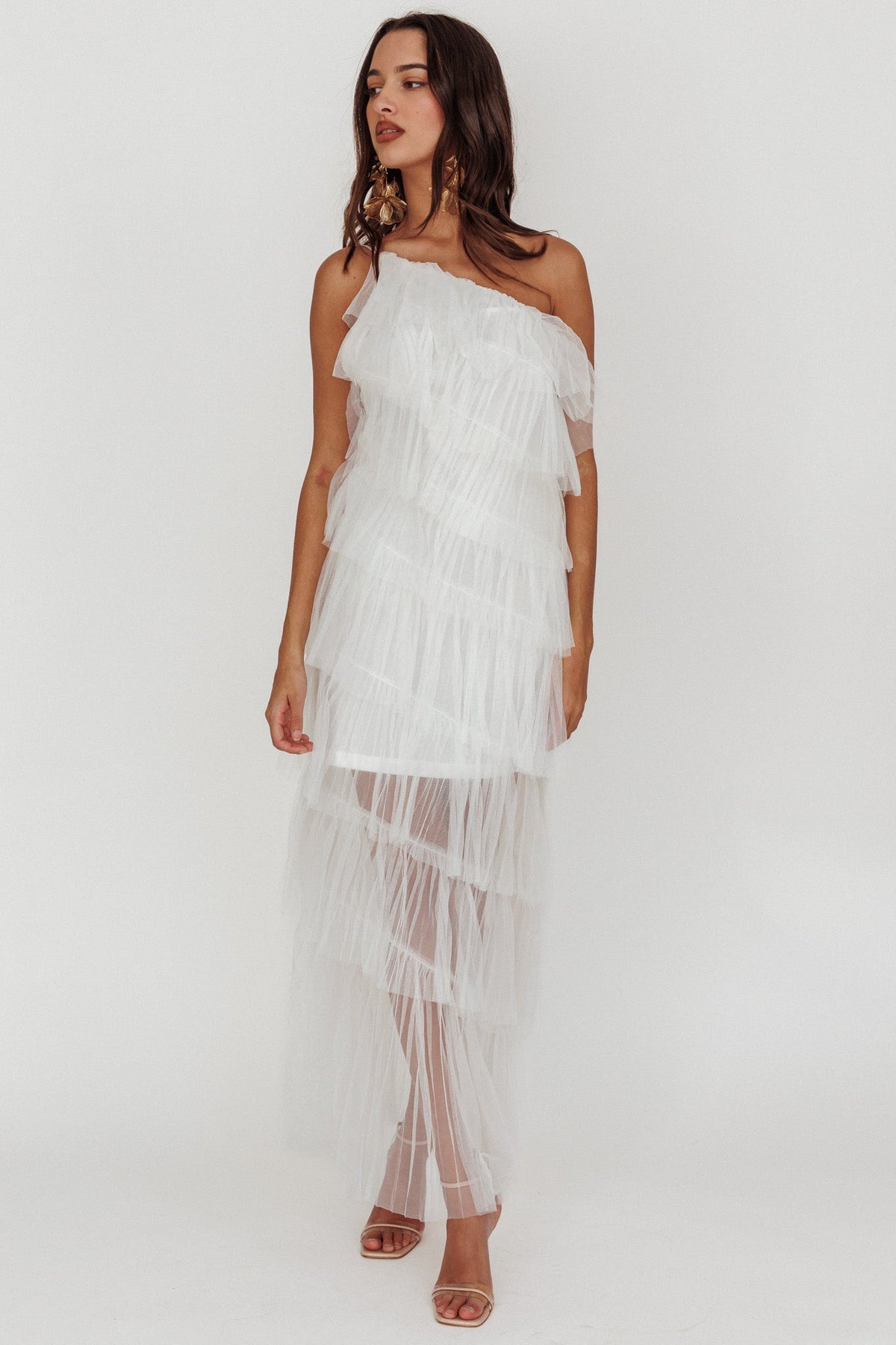 Arrabel Tiered Ruffle Tulle Maxi Dress White