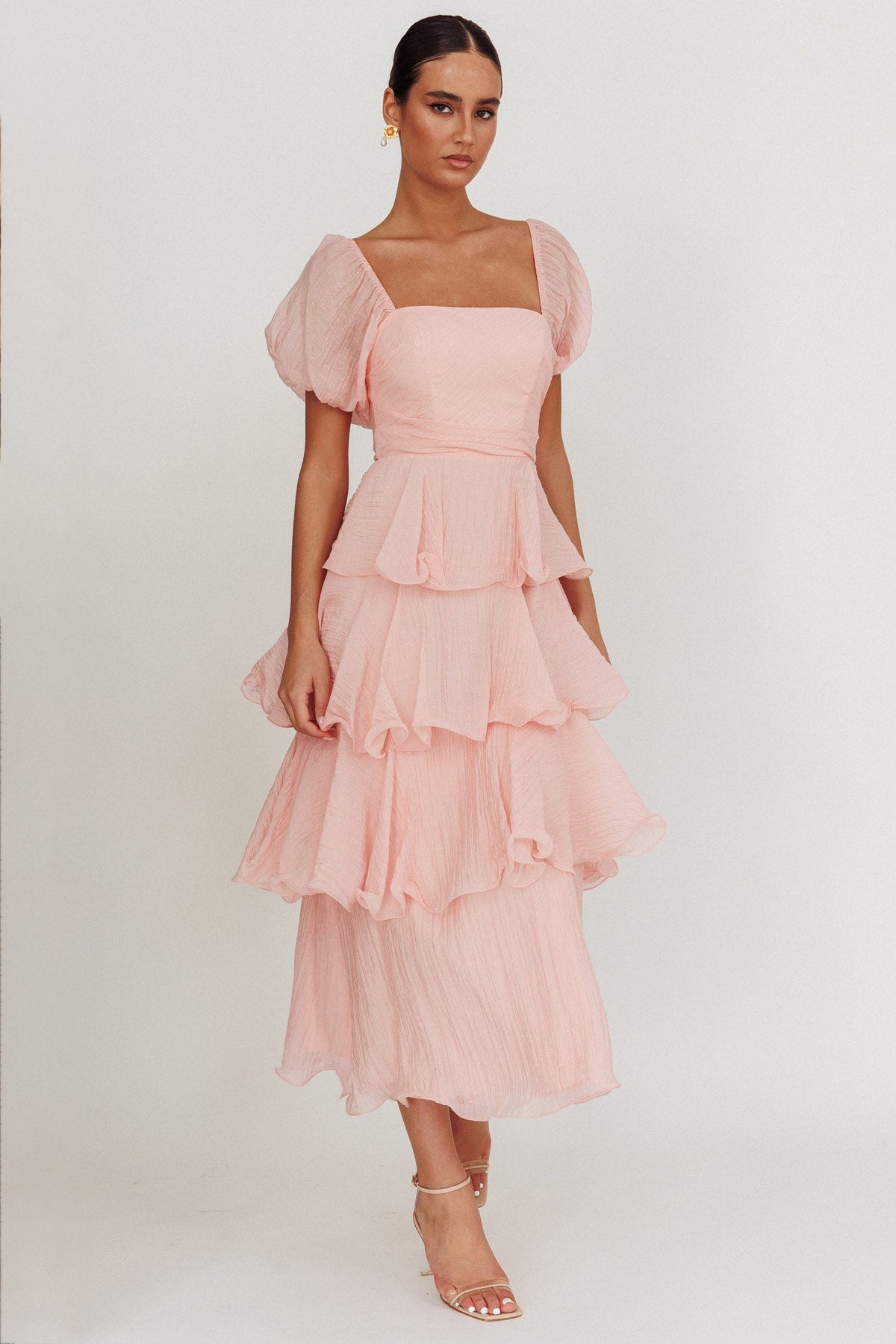 Giavana Puff Sleeve Layered Maxi Dress Baby Pink