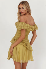 Sinclair Off-Shoulder Ruffle Trim Mini Dress Khaki