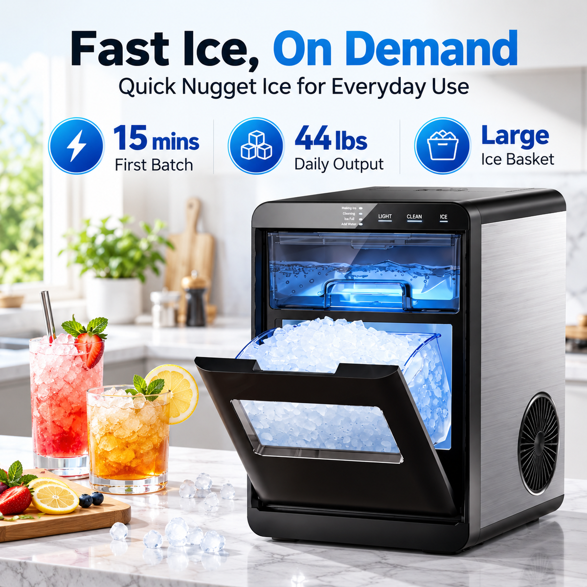 Portable Nugget Ice Maker – Compact Countertop Ice Maker Producing Soft Chewable Ice for Home & Events