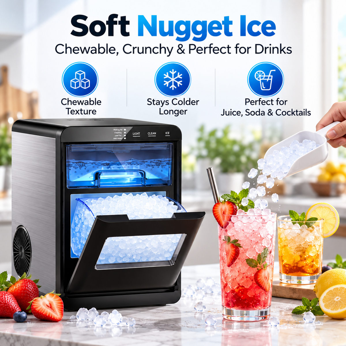 Portable Nugget Ice Maker – Compact Countertop Ice Maker Producing Soft Chewable Ice for Home & Events