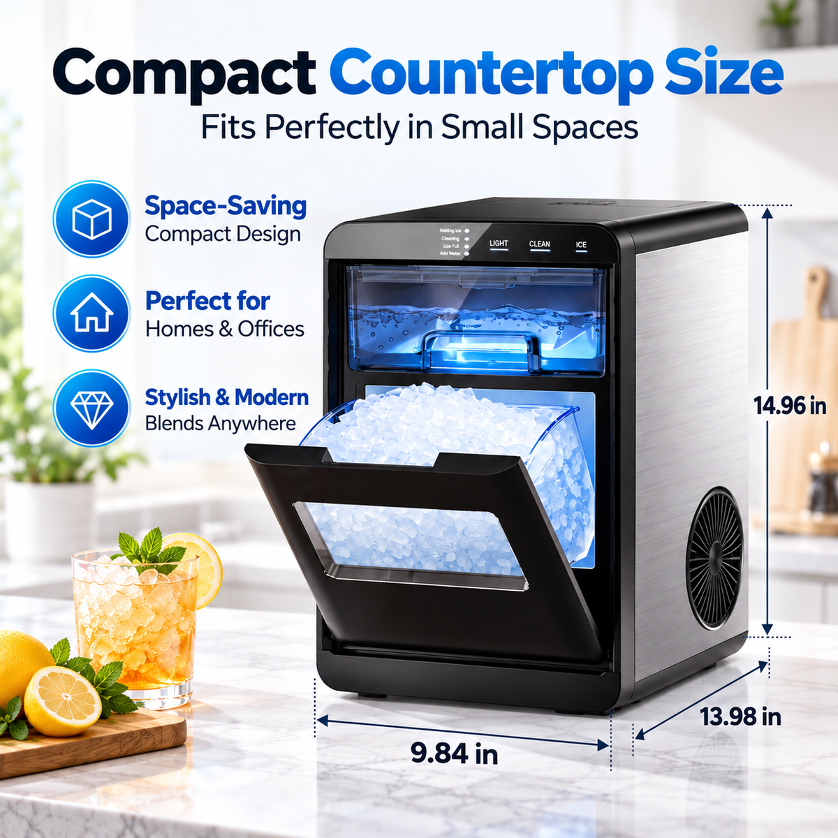 Portable Nugget Ice Maker – Compact Countertop Ice Maker Producing Soft Chewable Ice for Home & Events