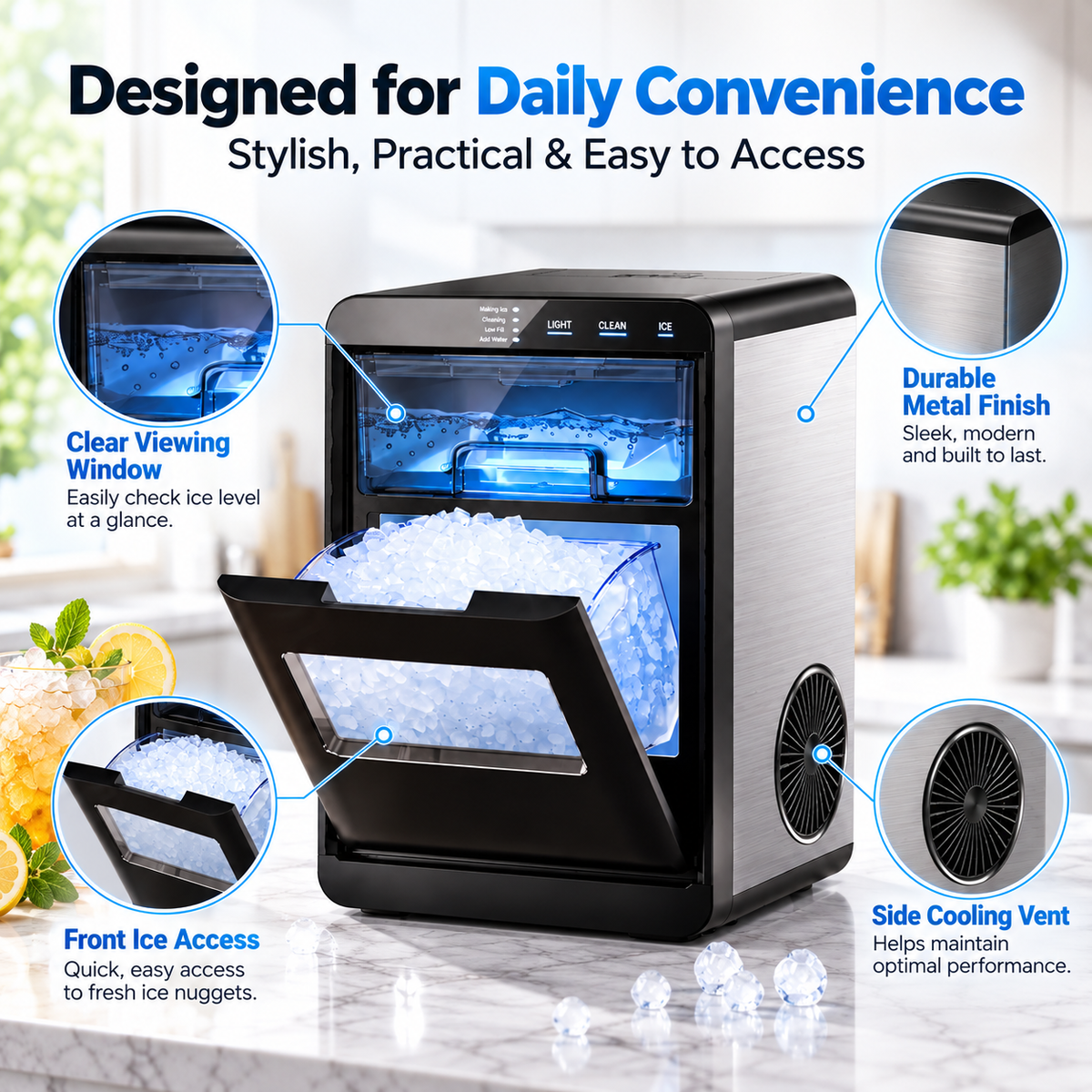 Portable Nugget Ice Maker – Compact Countertop Ice Maker Producing Soft Chewable Ice for Home & Events