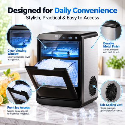 Portable Nugget Ice Maker – Compact Countertop Ice Maker Producing Soft Chewable Ice for Home & Events