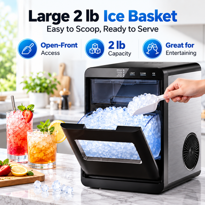 Portable Nugget Ice Maker – Compact Countertop Ice Maker Producing Soft Chewable Ice for Home & Events