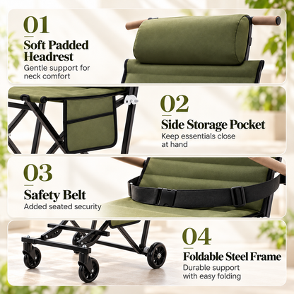 Portable Folding Rest Chair with Wheels & Padded Headrest