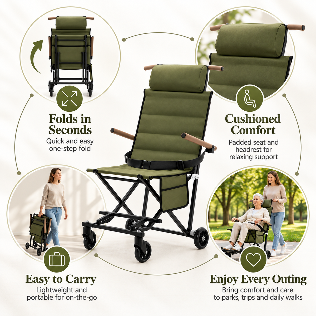 Portable Folding Rest Chair with Wheels & Padded Headrest