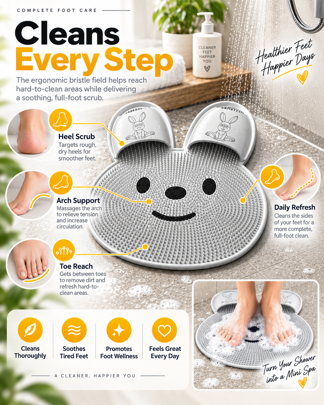 Non-Slip Bunny Shower Foot Scrubber – Soft Bristle Foot Cleaning & Massage Mat