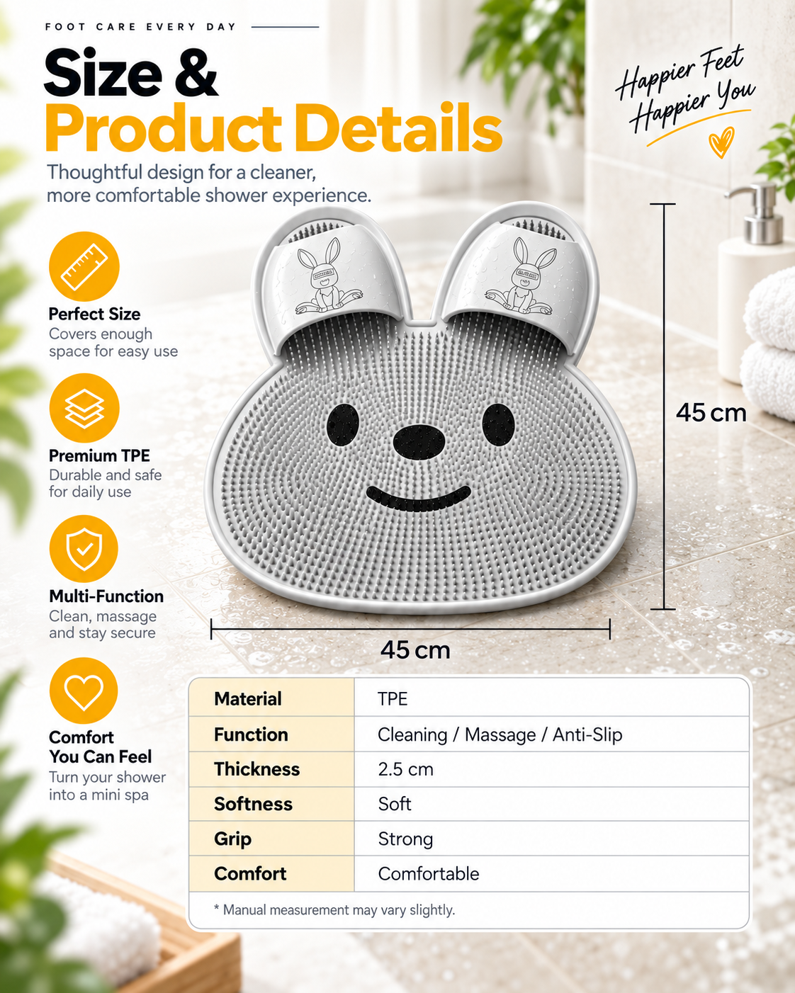 Non-Slip Bunny Shower Foot Scrubber – Soft Bristle Foot Cleaning & Massage Mat