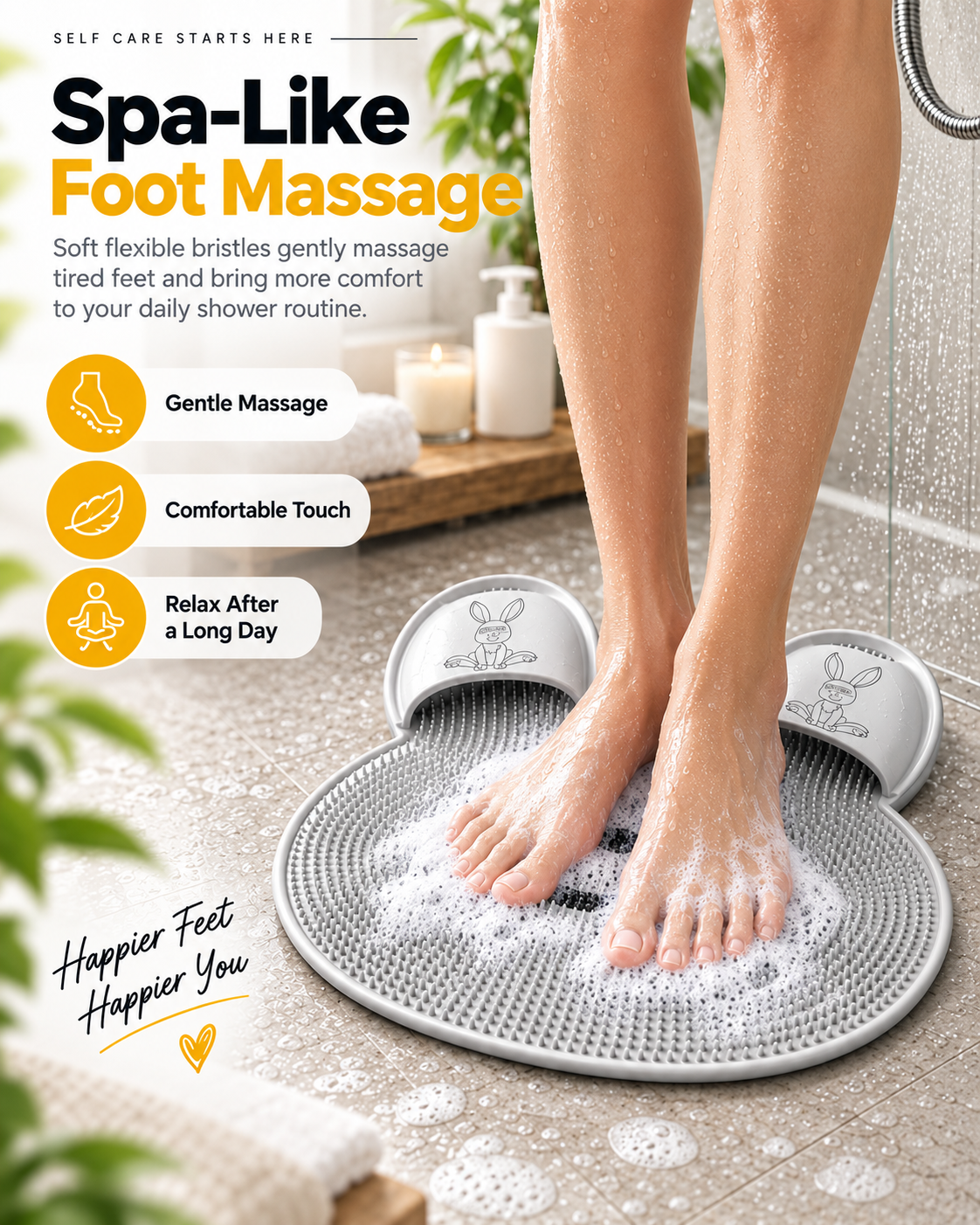 Non-Slip Bunny Shower Foot Scrubber – Soft Bristle Foot Cleaning & Massage Mat