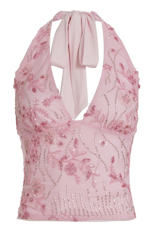 Halter Pink Beaded Fitted Top