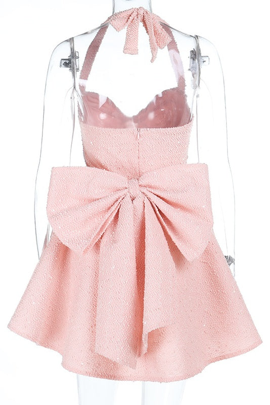 Halter Pink A-line Short Dress with Bow
