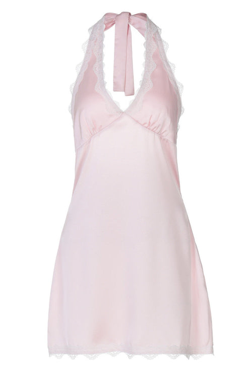 Halter Pink Satin A-line Short Dress