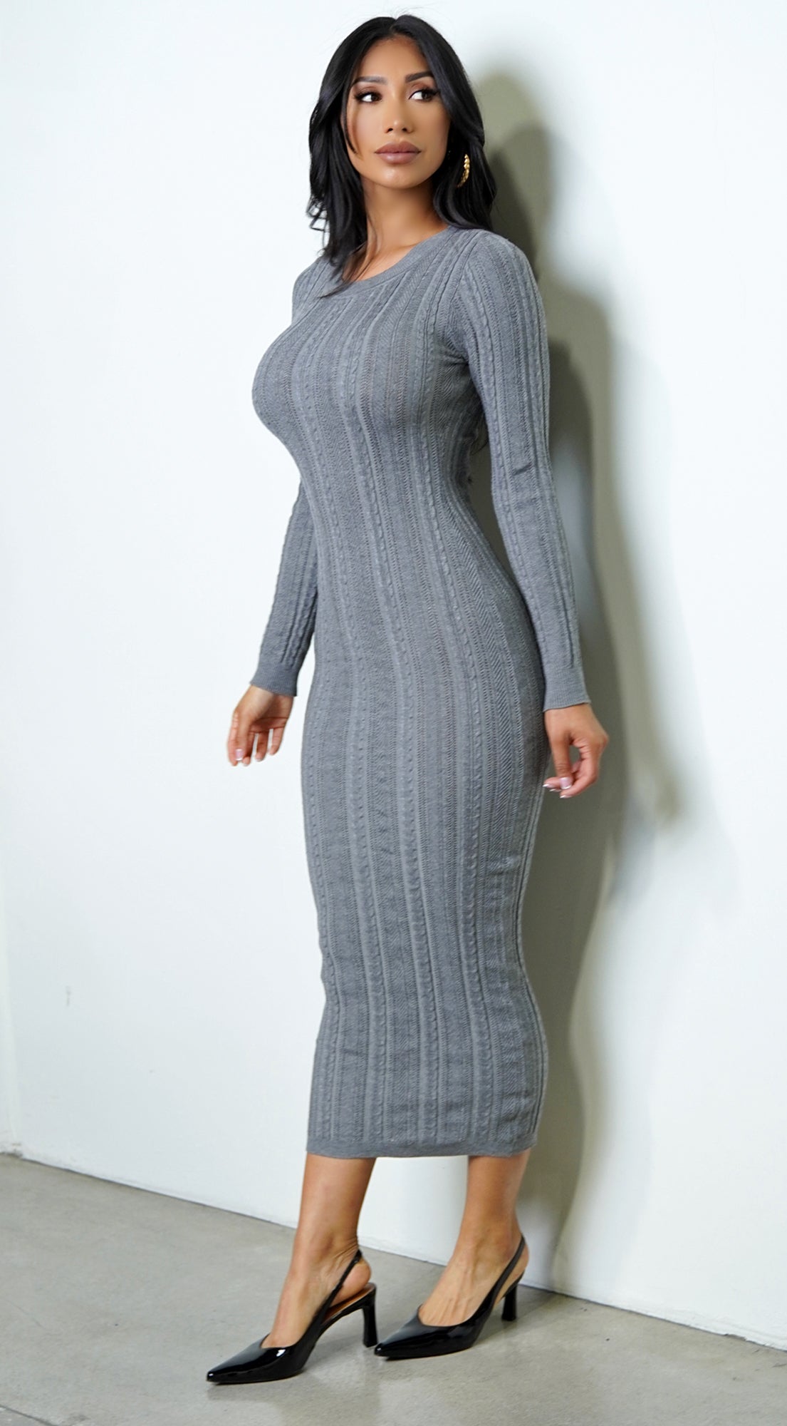 Alexandra Long Sleeve Knit Cable Midi Dress - Gray