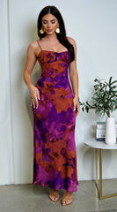 Kaelie Multicolor Chiffon Print Maxi Dress - Purple