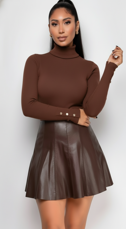 Gigi High Neck Long Sleeve Top - Brown