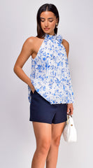 Millie Floral Print Pleated Halter Rosette Top - Blue