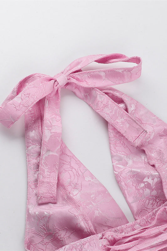 Halter Pink Plunge Short A-line Bow Dress