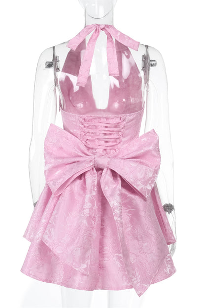 Halter Pink Plunge Short A-line Bow Dress