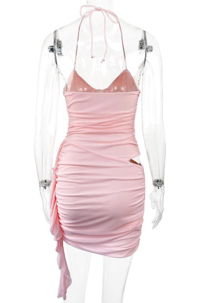 Halter Pink Fitted Frill Train Short Dress