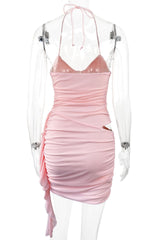 Halter Pink Fitted Frill Train Short Dress
