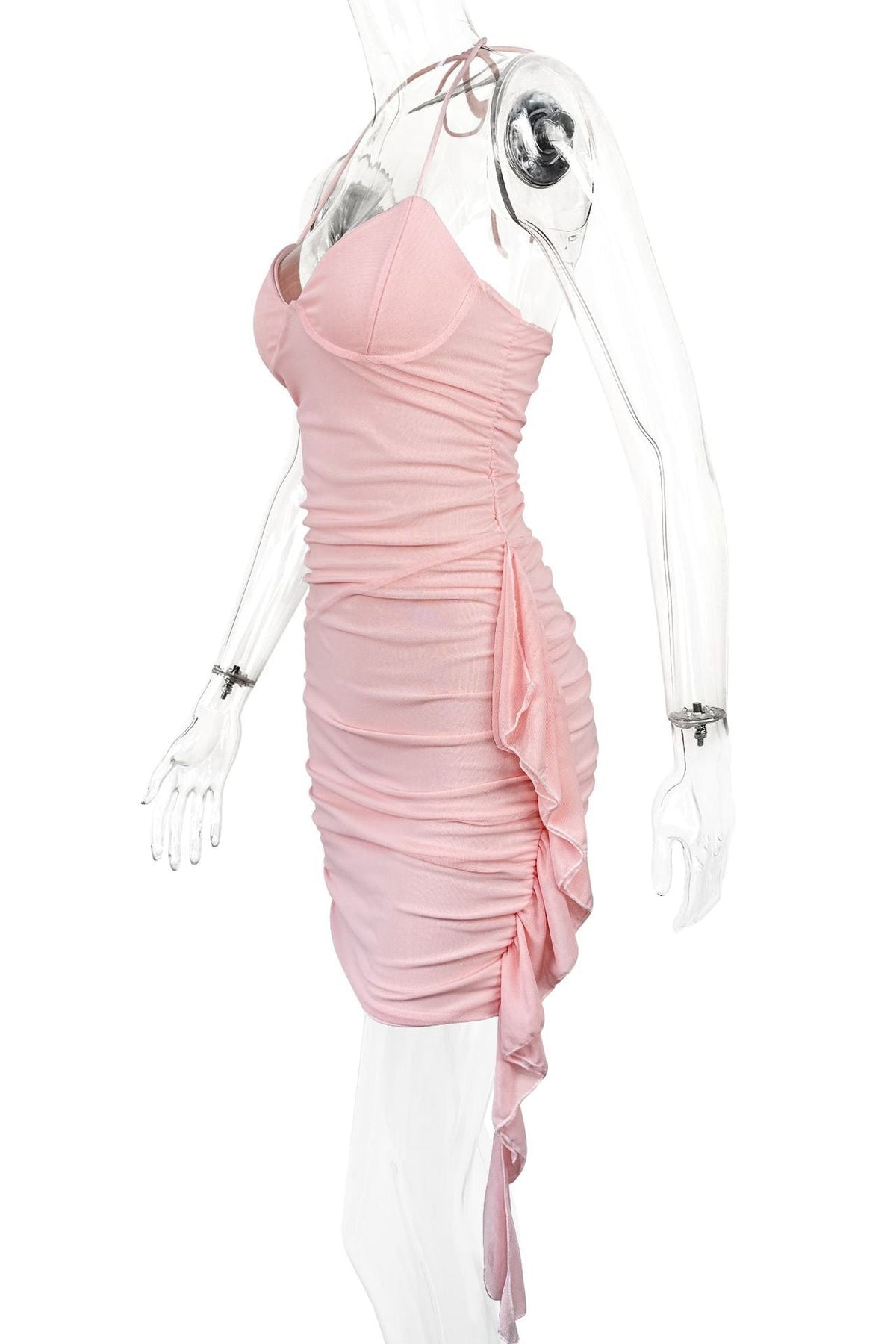 Halter Pink Fitted Frill Train Short Dress