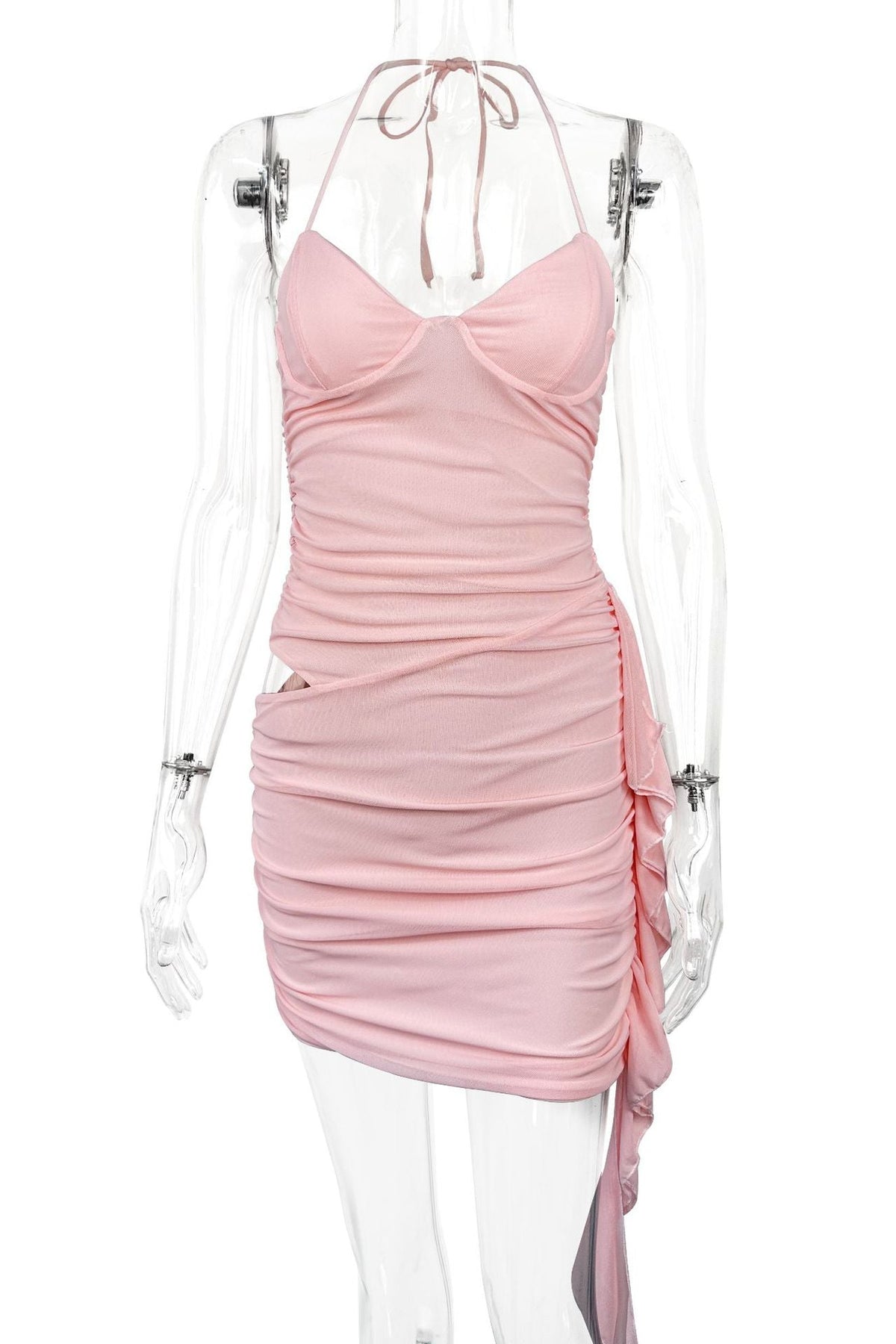 Halter Pink Fitted Frill Train Short Dress