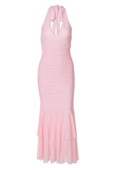 Halter Pink Ruched Tiered Long Dress