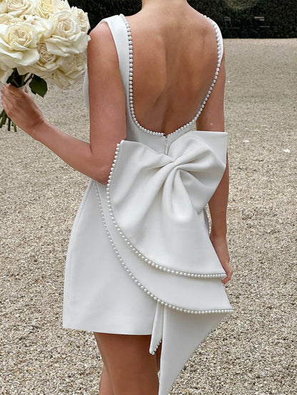 Attention Getter Pearl Embellished Bow Mini Bridal Dress