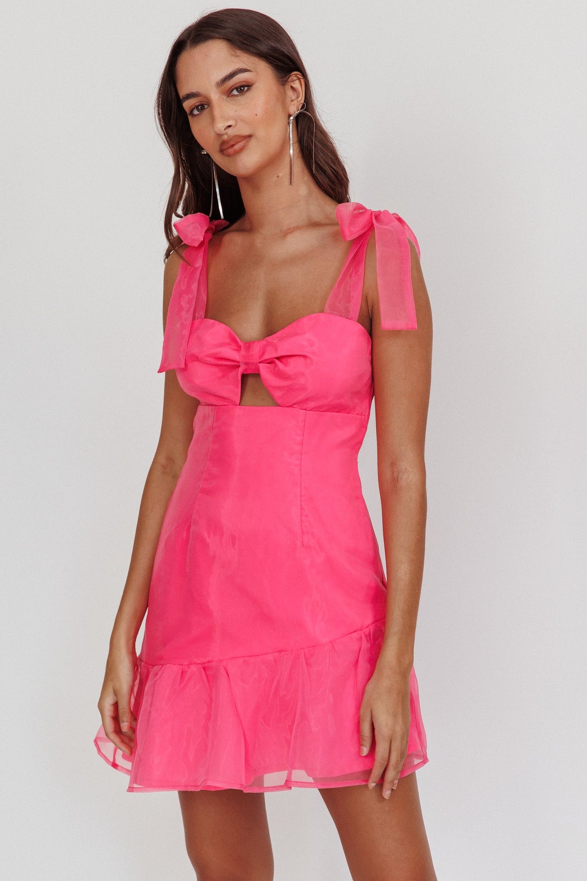 Alexia Bow Shoulder Ruffle Hem Mini Dress Hot Pink