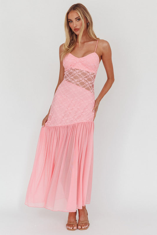 Kinley Sheer Hem Lace Maxi Dress Pink
