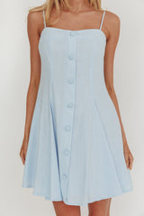 Fianna Button Front Godet Mini Dress Light Blue