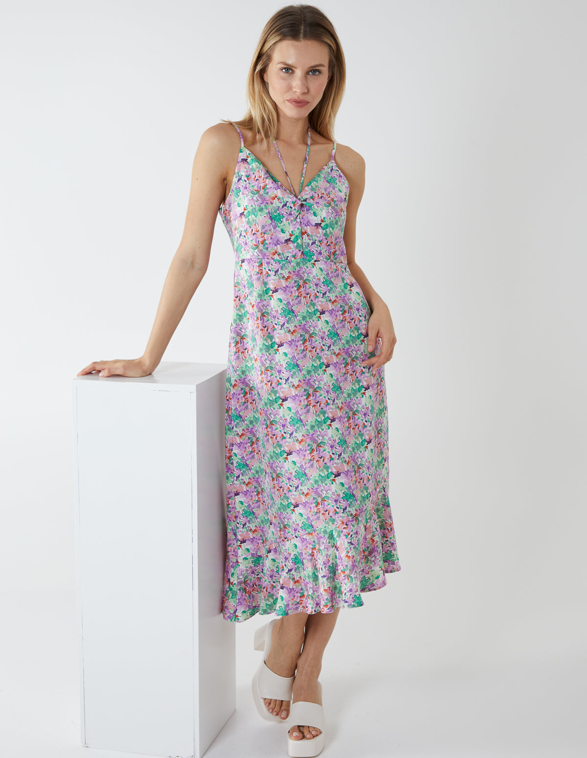 Twist Front Floral Print Midi Dress